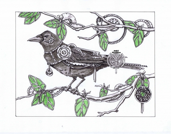 Steampunk Crow in Stainglass leaved tree
