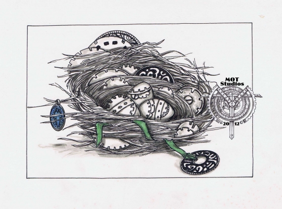 Nest embedded with gears and steampunk eggs