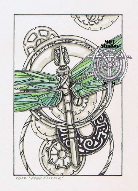 Stainglass Dragonfly over metallic gears and circles