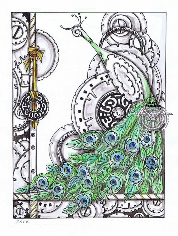 Peacock amidst gears & steampunk circles