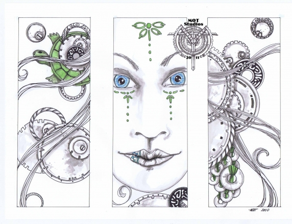 Triptych of woman's face, gears, and turtle