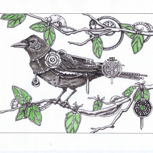 Steampunk Crow in Stainglass leaved tree