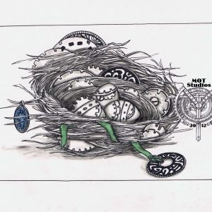 Nest embedded with gears and steampunk eggs