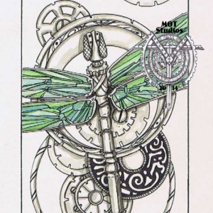 Stainglass Dragonfly over metallic gears and circles