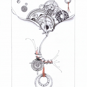 stylized shrimp tearing away paper from gears