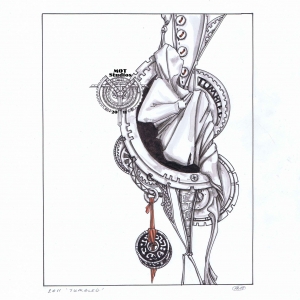 Shrouded figure sitting in a crescent gear