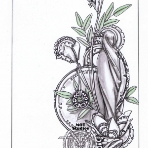 Shrouded figure on pedestal with steampunk floral